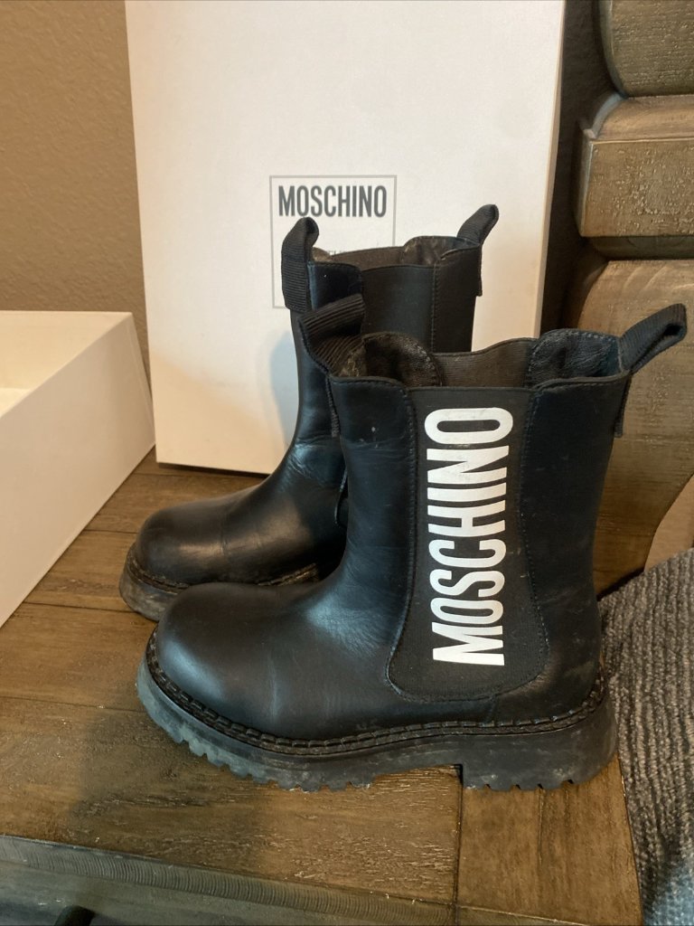 Moschino Chelsea Logo Combat Boots 6 Eu36 Spell Out Punk Goth Techno E-Girl